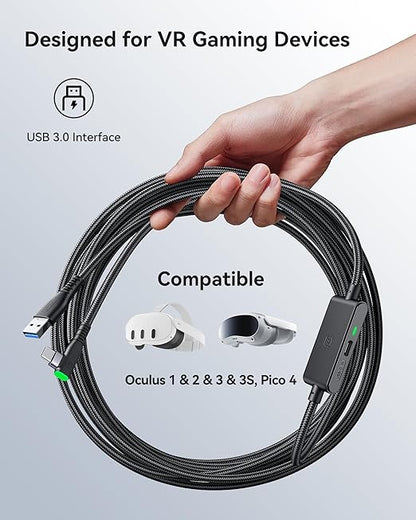 INIU Link Cable 16ft with Charging Port, VR Cable for Meta Oculus Quest 3s Quest 3 2 Pro, Pico 4, PC VR, Steam VR, High Speed USB 3.0 Data Transfer USB C Cable, Charger Cord for VR Headset Accessories