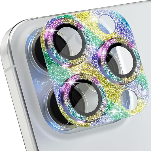 Choiche Compatible for iPhone 16 Pro/iPhone 16 Pro Max Camera Lens Protector, Bling Camera Cover with 9H Tempered Glass Lens Screen Protector Metal Ring Decoration Accessories (Glitter-Colorful)