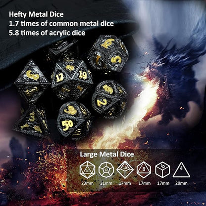 Haxtec Metal DND Dice Set Black Gold Metal D&D Dice with Fire-Breathing Dragon Elements & Leather Dice Bag Polyhedral Dice Compatible with Dungeons and Dragons TTRPG Gifts
