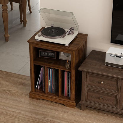 Farmhouse Record Player Stand, 3 Tier End Table, Turntable Stand with Vinyl Record Storage ,Wood Record Holder Cabinet Dispaly Shelf for Living Room,Bedroom,Rustic Brown