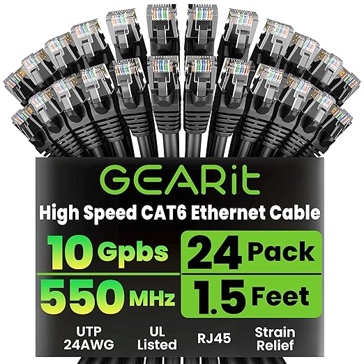 GEARit Cat 6 Ethernet Patch Cables 1.5 ft Black (Cat 6 Ethernet Cables 1.5 ft 24-Pack), High Speed 24AWG 10Gbps RJ45 Snagless Gold-Plated, Ethernet Cable for Router, Switch, PC, PS5 Gaming, Server