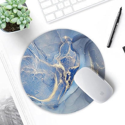 ITNRSIIET Round Mouse Pad with Stitched Edge Premium-Textured Waterproof Non-Slip Rubber Base Desktop Protection Mat Diameter 8.7 inches, Blue Marble Texture