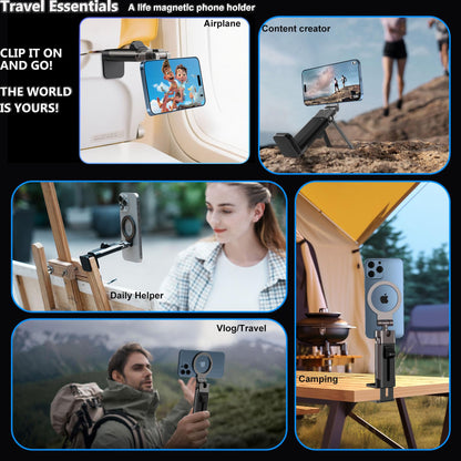 SOGUE Airplane Travel Essentials Men Phone Holder,Plane Phone Mount for MagSafe,Foldable Magnetic Phone Stand for Desk 360° Swivel Universal in Airplane Gadgets for iPhone 17