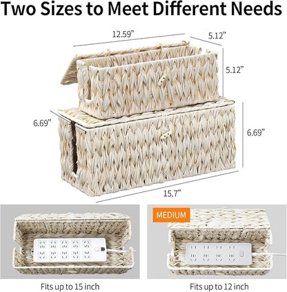 Cable Management Box,Boho Decorative Handwoven 2 Open Slots Cord Organizer Hider Box with Lid for TV Wires, Computer, Router, USB Hub and Under Desk Power Strip