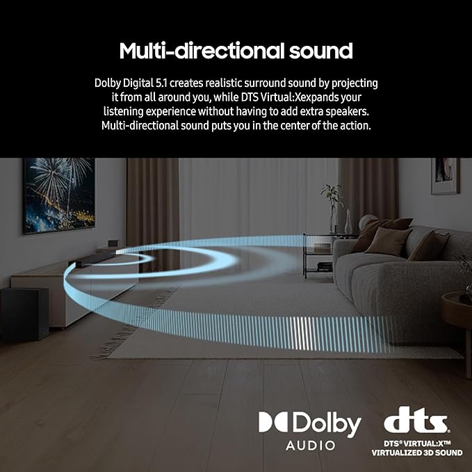 Samsung HW-B750D/ZA 5.1 ch Soundbar w/ Dolby Audio, Surround Sound expansion, Bass Boost, Adaptive Sound, DTS Virtual:X, Wireless Subwoofer, 2024