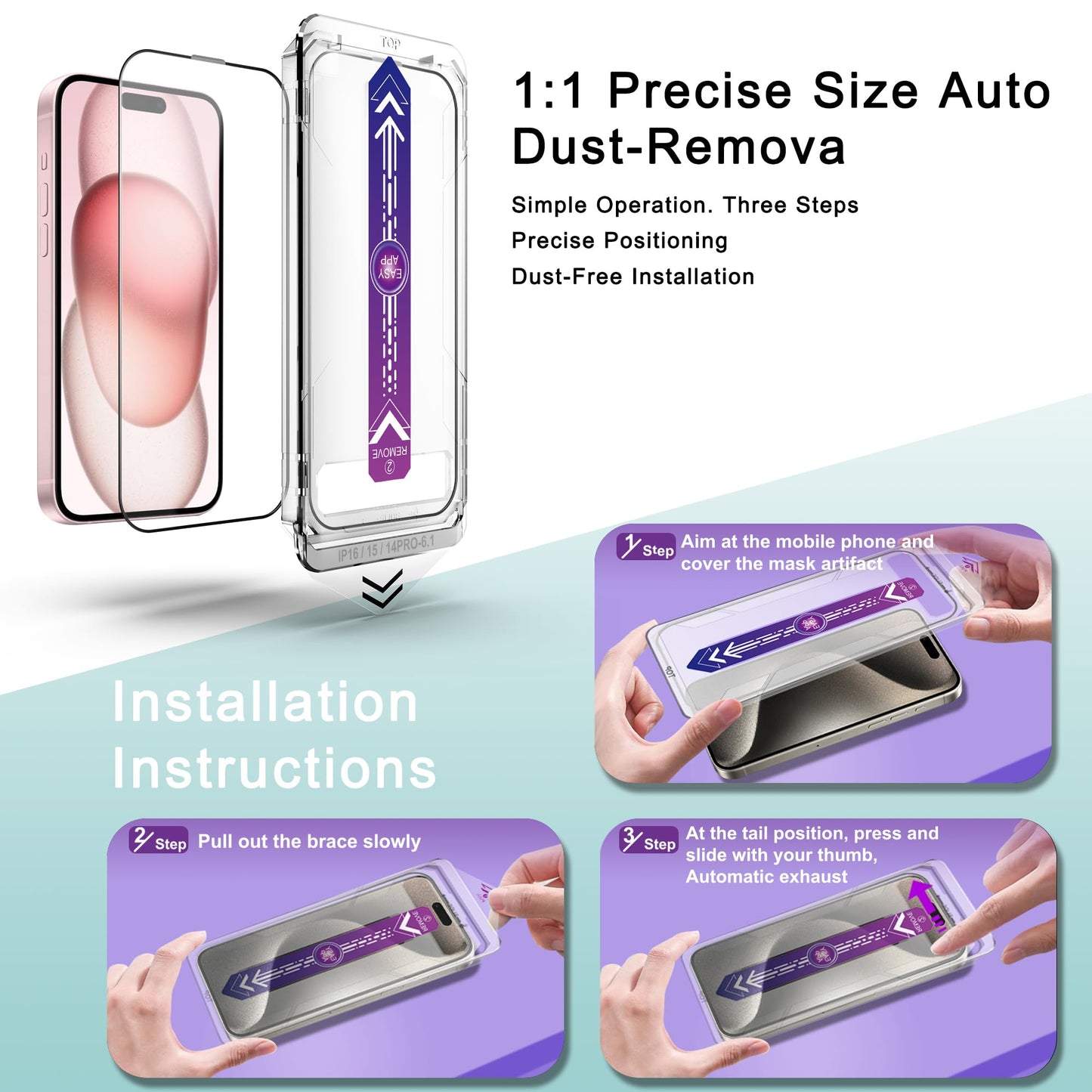 SHANG PIN JIA 2 Pack Screen Protector Tempered Glass for iPhone 16 for iPhone 15 for iPhone 14 Pro 6.1-Inch Auto Dust Removal, No Bubbles, High Definition Clear, Easy Installation