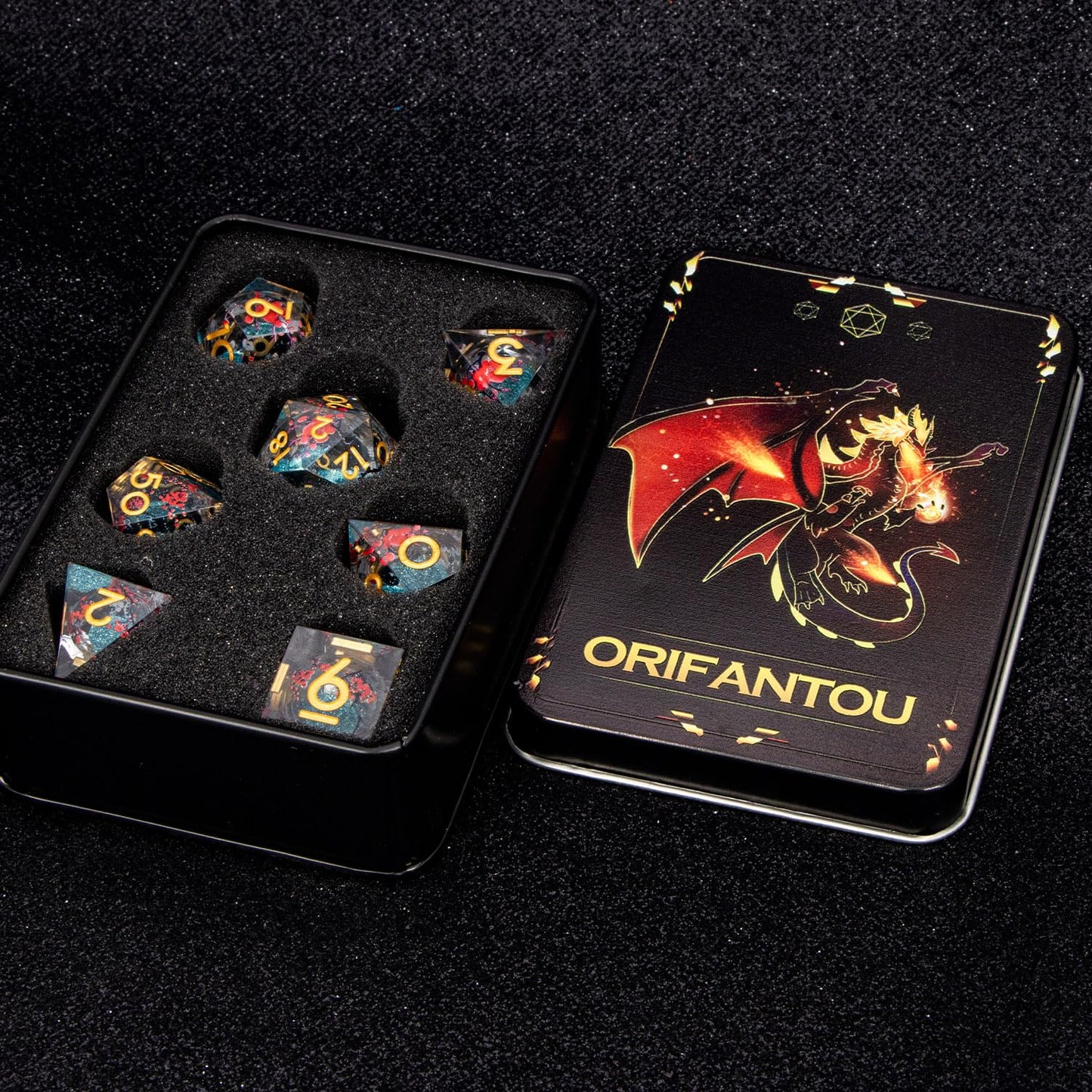 ORIFANTOU Plum Blossom DND Dice Blue Liquid Core Dice Set with Metal Box, Handmade Sharp Edge Dice D and D Polyhedral Dice for use with D&D RPG Role Playing Game ﻿
