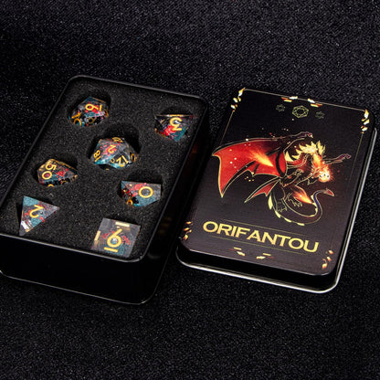 ORIFANTOU Plum Blossom DND Dice Blue Liquid Core Dice Set with Metal Box, Handmade Sharp Edge Dice D and D Polyhedral Dice for use with D&D RPG Role Playing Game ﻿