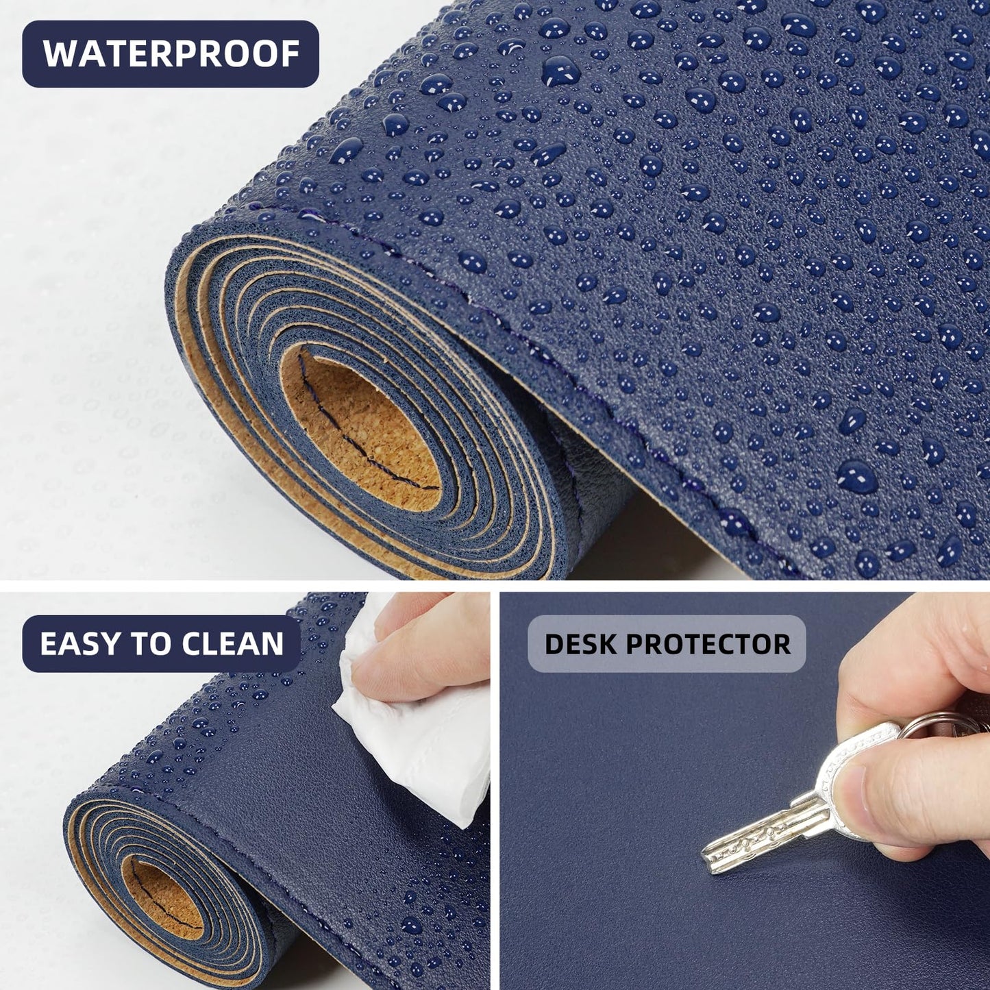 AFIING Cork Desk Mat 23.6 x 13.7, Dual-Sided Cork & PU Leather Desk Pad, Waterproof Non-Slip Desk Protector for Home Office, Study Desk & Minimalist Workspace Blue
