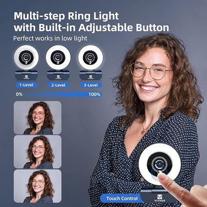 Streaming Webcam with Adjustable Ring Light, Full HD 1080P Webcam with Dual Microphones and Advanced Auto-Focus,Pro Web Camera for Online Learning, Zoom Meeting Skype Teams, Gaming Laptop