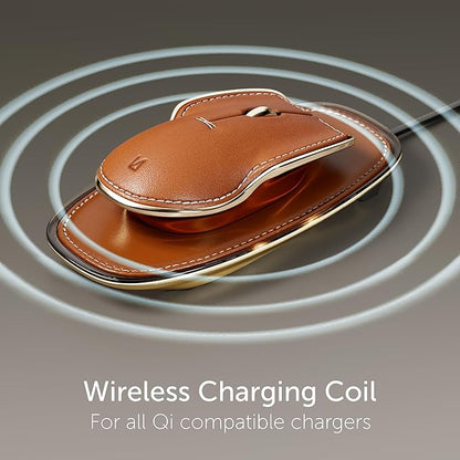 LUNAR ARTEFACTS Ambidextrous Rechargeable Bluetooth Wireless Computer Mouse Brown French Leather and Aluminum, Qi Enabled USB-C