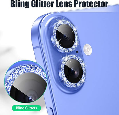AGVEE 3+3 6 Pack for iPhone 16 6.1" / 16 Plus 6.7" Camera Lens Cover Protector, Bling Glitter & CD-Textured Metal Ring 9H Tempered HD Glass Camera Cover Protector Film, Glitter-Blue