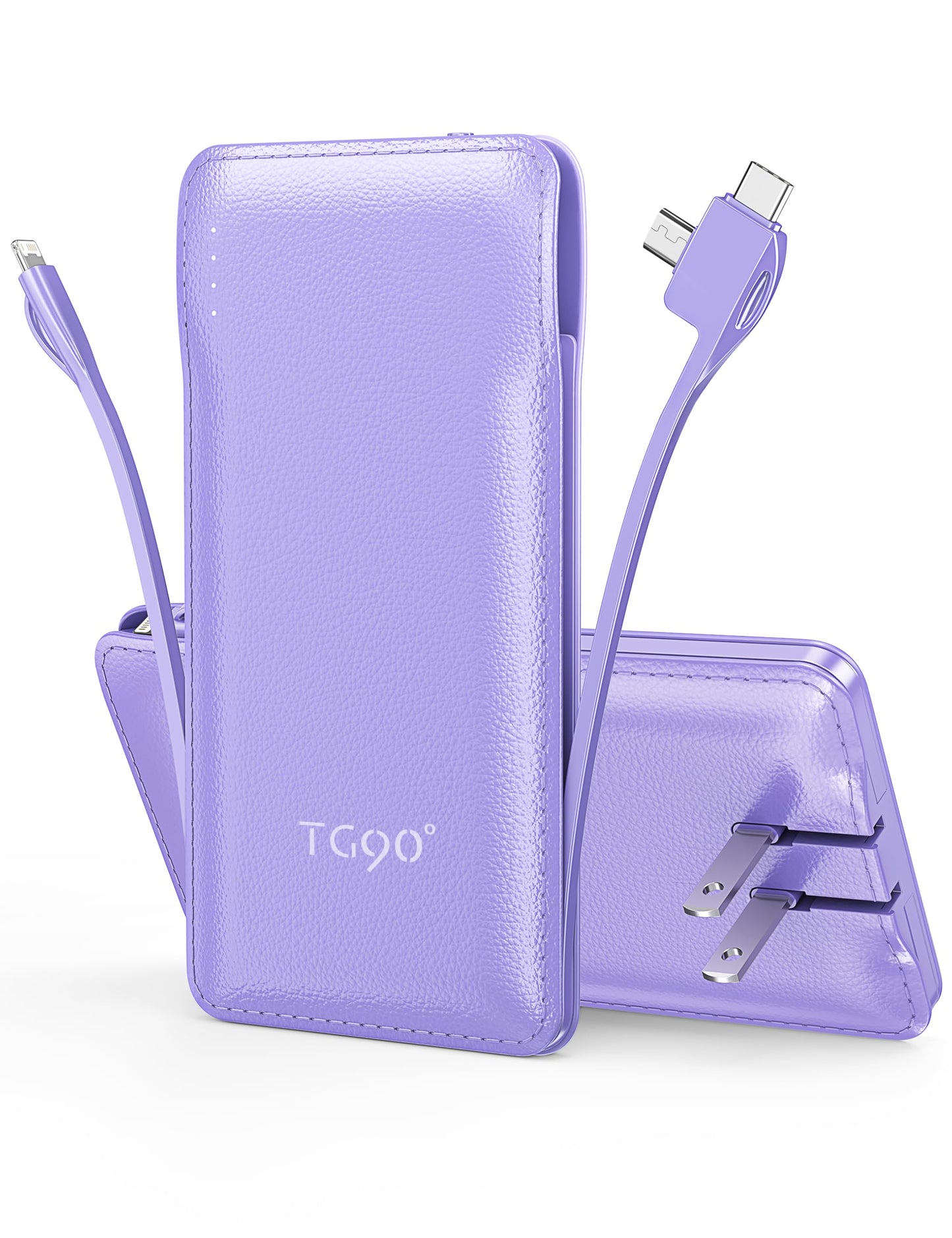 TG90° 10000mAh Power Bank with Built-in AC Wall Plug and Cables, Ultra Slim Phone External Battery Pack Portable Charger Compatible with iPhone and Android Devices