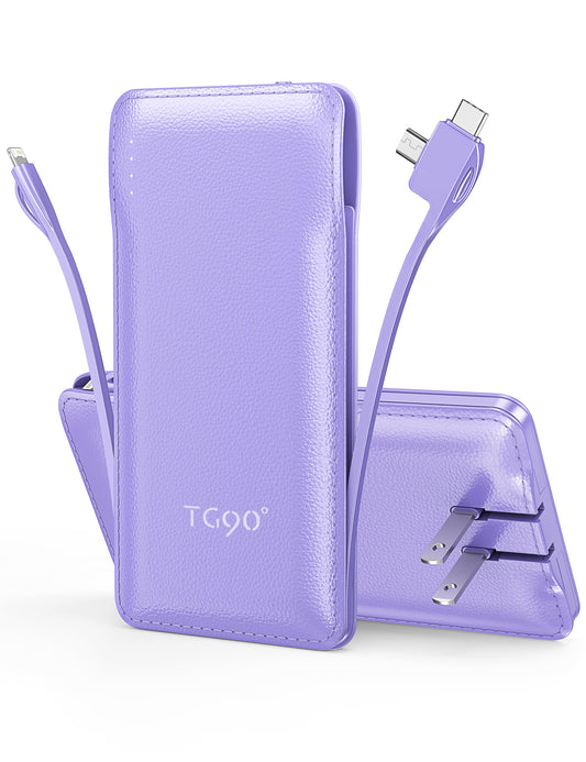 TG90° 10000mAh Power Bank with Built-in AC Wall Plug and Cables, Ultra Slim Phone External Battery Pack Portable Charger Compatible with iPhone and Android Devices