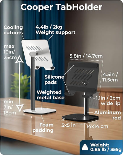 COOPER TabHolder, 7-10" Height Adjustable Tablet Stand, Premium iPad Stand for Desk, 270° Tilt Portable Monitor Holder for 15.6-17" Displays, for All iPad, Kindle, Surface, Samsung Tablets (Black)