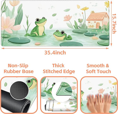 Mouse Pad Large Cute and Whimsical Frogs Non-Slip Gaming Desk Mat with Stitched Edge Laptop Keyboard Desk Pad for Work Home Gaming (35.4 x 15.7 Inches)