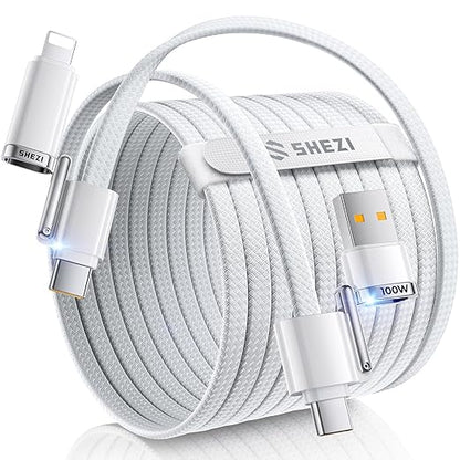 SHEZI 4-in-1 Compatible with USB C to Lightning Cable 100W Fast Charging & Data Transfer, Support to CarPlay & Android Auto, 5FT Multi Cords Charger for iPhone/iPad/Samsung/MacBook Cable, White