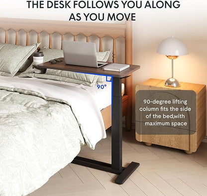 FLEXISPOT H7 Adjustable Overbed Bedside Table with Wheels Pneumatic Mobile Standing Desk Laptop Desk Rolling Computer Cart Movable Table Hospital Home Use(27.6" W x 15.7" D, Mahogany Table)