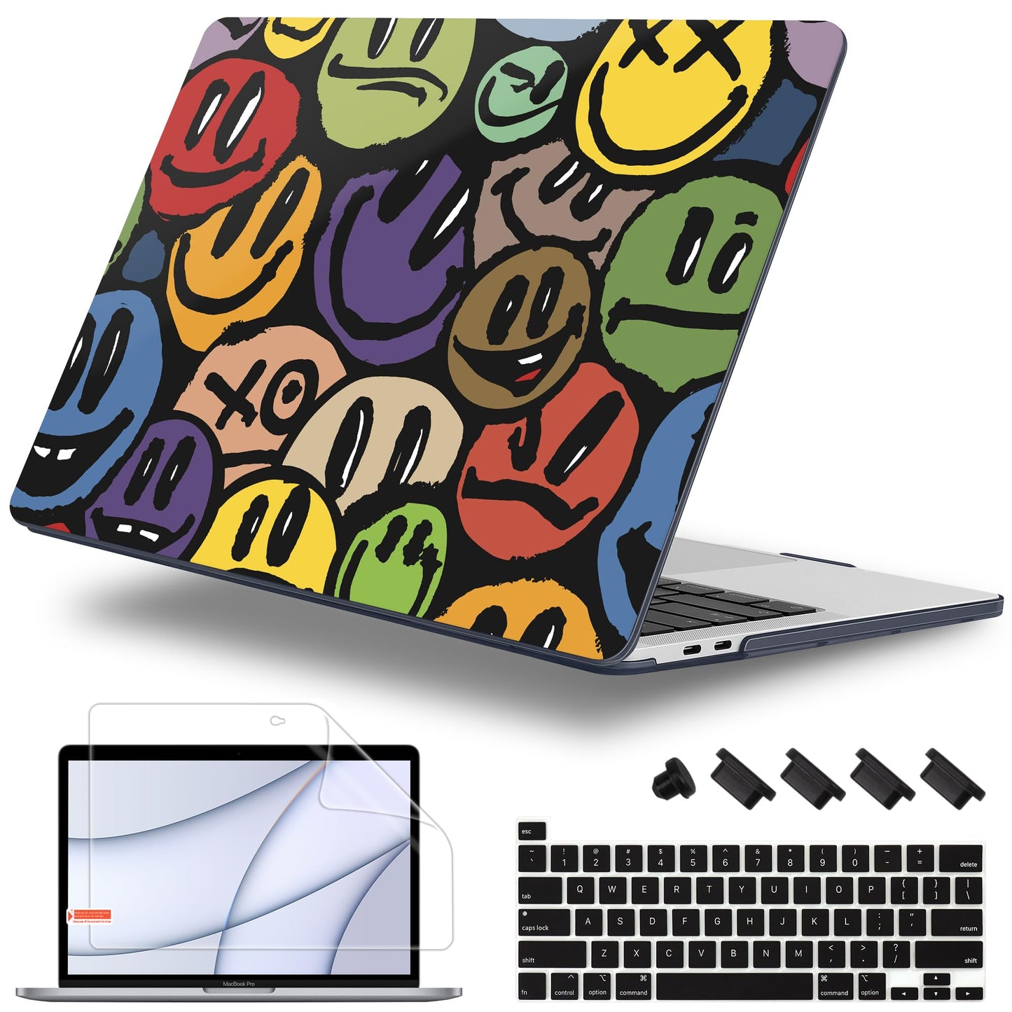 Lepeoac Case for MacBook Pro 13 inch Case M2 2022-2016 A2338 M1 A2251 A2289 A2159 A1989 A1708 A1706, Plastic Hard Shell + Keyboard Cover + Dust Plug, Happy Emoji