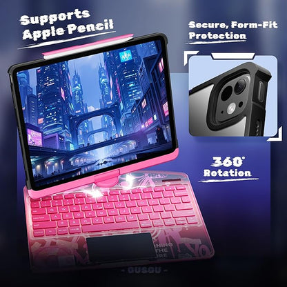 KITONE Transparent Case with Wireless Keyboard for iPad Air 13-in.(M3/M2, 2025/2024), 7 Colors Backlight, Trackpad, 360°Rotating Stand for iPad Pro 12.9-in (6/5/4/3 Gen), Tech Style
