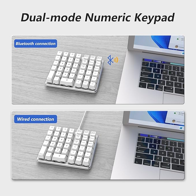 Left-Handed Mechanical Numeric Keypad, Hot-Swap LED Backlit Number Pad, Dual Mode USB C Keyboard, Expanded into a Left-Handed Keyboard (White)