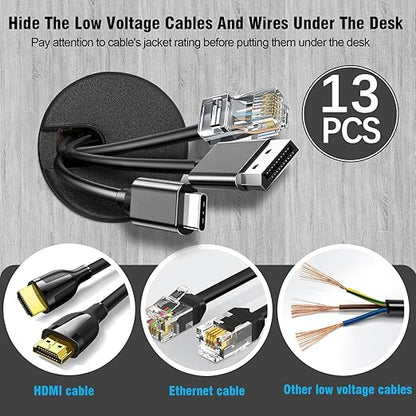 1-3/8" Black Desk Grommet with Bi-Metal Hole Saw, JTemgle Plastic Cable Hole Cover Computer Table Cord Wire Organizer Caps, Desktop Cord Management for Home Office TV Stands Tabletops, 13 Pieces