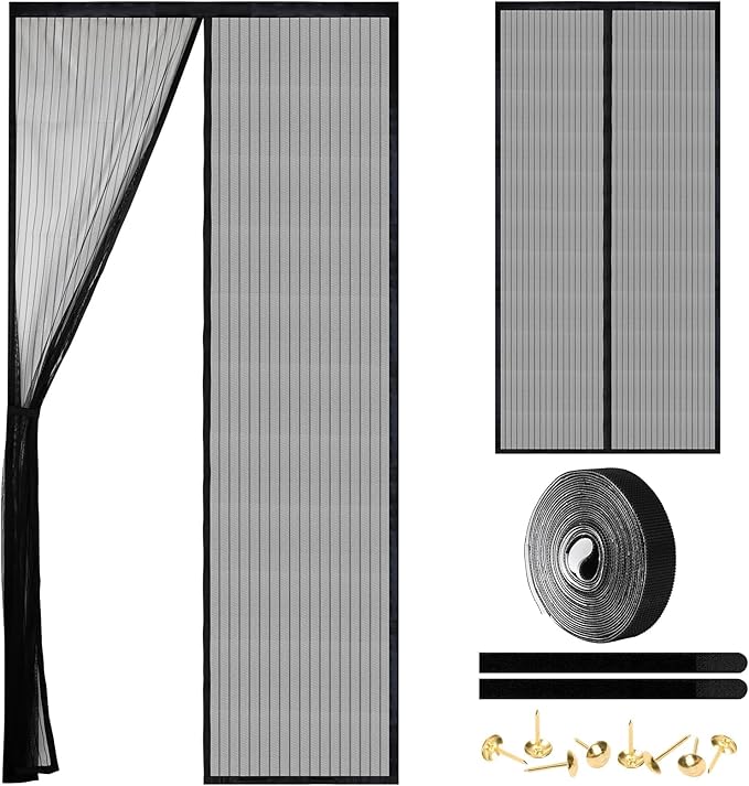 Magnetic Screen Door - Self Sealing, Heavy Duty, Hands Free Mesh Partition Keeps Bugs Out Let Breeze in- Pet and Kid Friendly - Keep Open Feature (Black, Fit Door Size 32x 82 Inch)