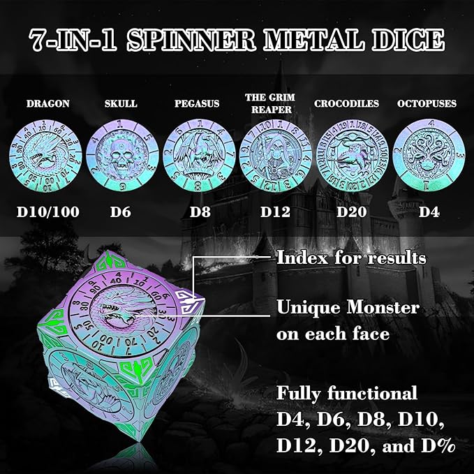 Spinner Dice 7-in-1 Metal DND Set – Premium Copper RPG Dice with 3D Monster Reliefs, Gyro Spinner & Collector’s Box for D&D,Chameleon Purple