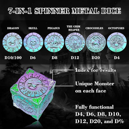 Spinner Dice 7-in-1 Metal DND Set – Premium Copper RPG Dice with 3D Monster Reliefs, Gyro Spinner & Collector’s Box for D&D,Chameleon Purple