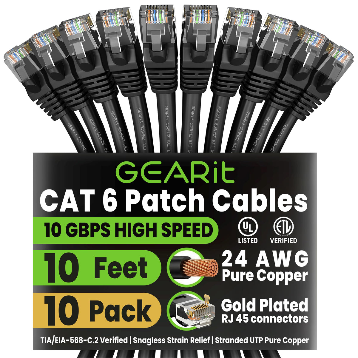 GEARit Cat6 Patch Cables Cat 6 Ethernet Cable 6 ft 10-Pack Green