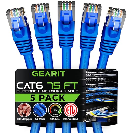 GEARit Cat 6 Ethernet Patch Cable 75 ft Blue (5 Pack) - Cat6 Patch Cables 75ft Blue/Ethernet Patch Cable, 10Gbps 550MHz 24AWG Pure Copper, Snagless, Gold Plated RJ45 for Router, Server, Router, PC