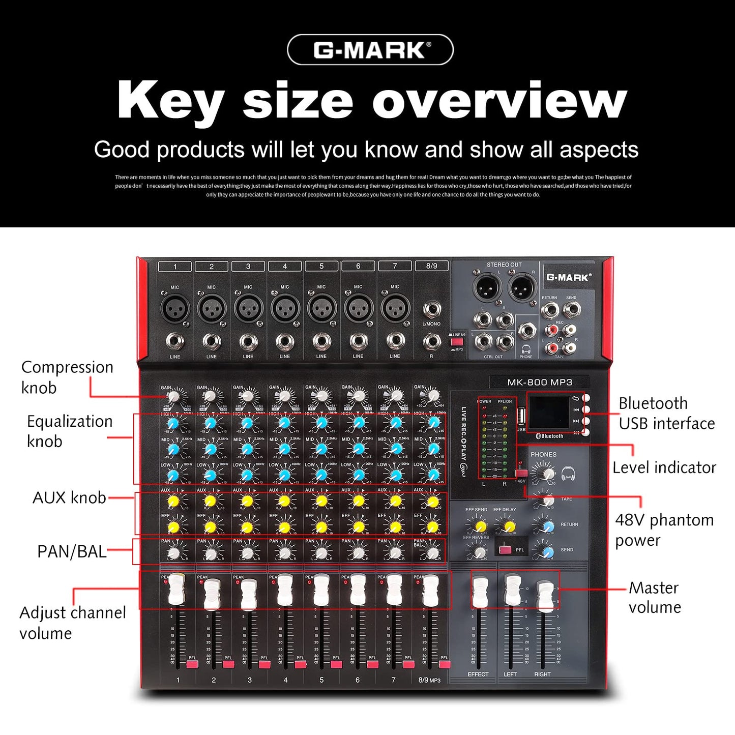 G-MARK MK800MP3 Professional Audio Mixer Sound Board 8 Channels Mixing Console with MP3 Player +48V Phantom Power Digital USB Bluetooth Reverb DJ Mixer Audio for PC Karaoke Stage Studio Recording