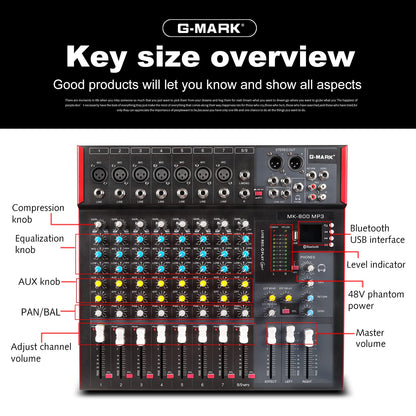 G-MARK MK800MP3 Professional Audio Mixer Sound Board 8 Channels Mixing Console with MP3 Player +48V Phantom Power Digital USB Bluetooth Reverb DJ Mixer Audio for PC Karaoke Stage Studio Recording