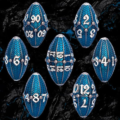 ARUOHHA DND Metal Dice Black Blue Dragons Egg Dice with Rotating Dragon Egg Shell, Compatible with D&D RPG Role Playing Game, Dungeons Polyhedral D and D Dice Set D20 D12 D10 D8 D6 D4