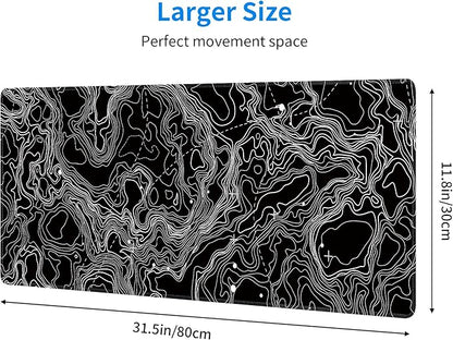 Black with White Topographic Line Large Mouse Pad,Gaming Keyboard Desk Pad,Extended Mouse Mat Non-Slip Rubber Base with Stitched Edges for Office Game Home XL 31.5"x11.8"