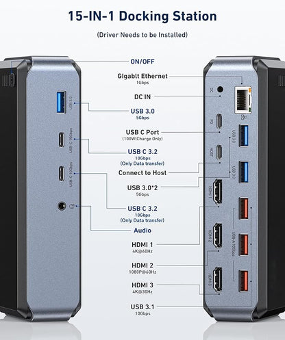 USB C Docking Station Triple Monitor, Raycue 15 IN1 MacBook Pro Docking Station with Power Adapter for MacBook M1/M2/M3/Windows, Laptop Docking Station with HDMI*3, RJ45, 10Gbps USB*5, PD, USB 3.0*2