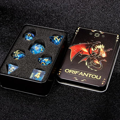 Butterfly DND Dice Blue Liquid Core Dice Set with Metal Box, Handmade Sharp Edge D and D Polyhedral Dice for use with D&D Role Playing Game, D20 D12 D10 D8 D6