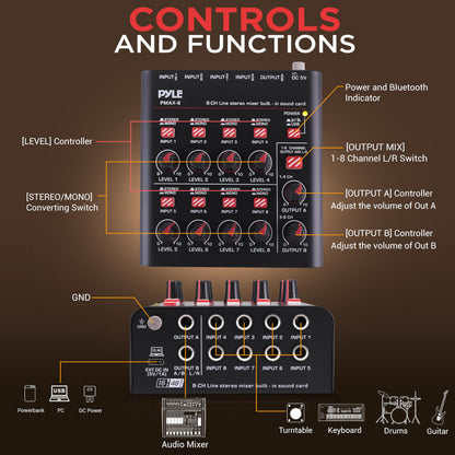 Pyle 8-Channel Bluetooth Mini Line Mixer with USB Audio Interface - 8 Mono/Stereo Switching Inputs | Ultra-low Noise Design with High Headroom | Built-in USB-C Sound Card - PMAX8
