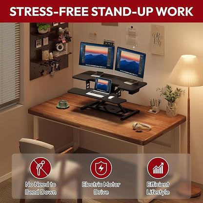 SANODESK 35" Electric Standing Desk Converter,Height Adjustable Riser for Office Home, Monitor and Laptop Workstation with Large Keyboard Tray,Black Color