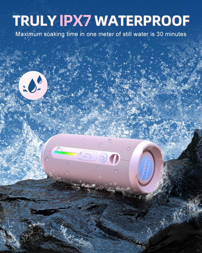 OHAYO Portable Bluetooth Speaker IPX7 Waterproof, 24W Wireless Stereo Speaker with Extra Bass, Bluetooth 5.3, 30-Hour Playtime & Colorful LED Lights for Pool, Camping, Beach, Party (Black)