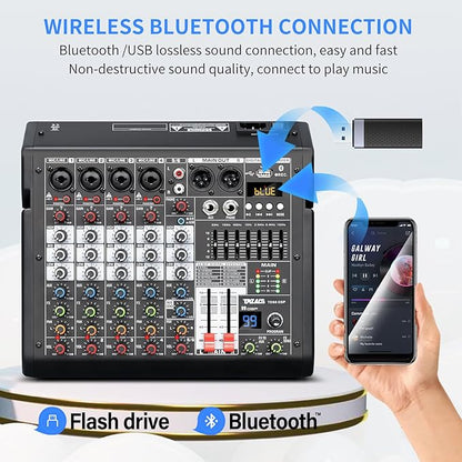 Audio Mixer, 6-Channel Professional DJ Mixer with 99-Bit DSP Effects, 7-Band EQ, 48V Phantom Power, MP3/Computer Input - Studio Audio Mixing Console for Recording & Live Performances