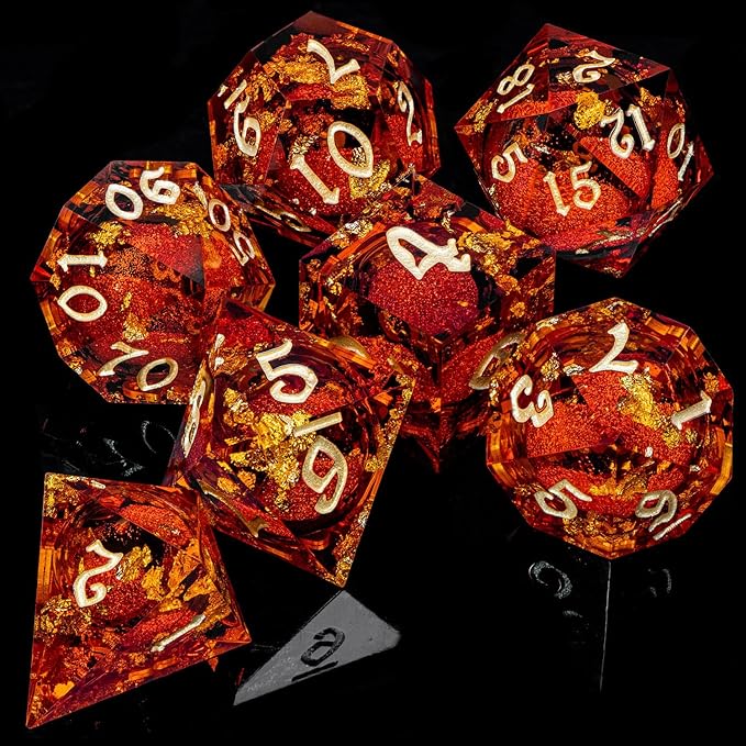 ARUOHHA Liquid Core DND Dice Set, 7pcs Resin Sharp Edged Dragons Dice Compatible with D&D Role Playing Games, RPG Golden Numbers Red Dungeons Polyhedral Dice with Gift Box, D and D Dice Set D20 D10 D6