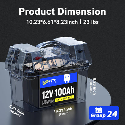 Wattcycle 12V 100Ah LiFePO4 Battery, Lithium Battery Up to 15000 Cycles, Low Temperature Protection, 10 Years Lifespan, Perfect for RV/Outdoor Camping/Home Energy Storage（BCI Group 24）