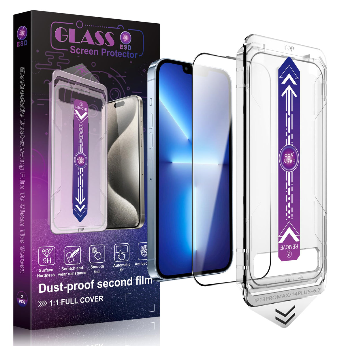 SHANG PIN JIA 2 Pack Screen Protector Tempered Glass for iPhone 15 Pro Max 6.7-Inch Auto Dust Removal, No Bubbles, High Definition Clear, Easy Installation