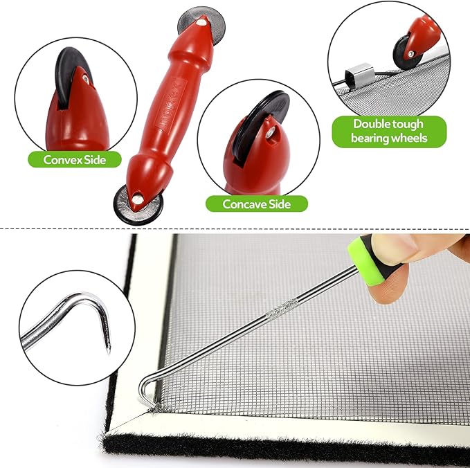 FLYZZZ Window Screen Door Repair Kit, 59‘’X118‘’ Fiberglass Mesh Replacement with Roller Tool/Hook/Spline/Cutter/Clips/Ruler, 7-in-1 Sliding Patio Door & Screen Door Repair Kit, Black