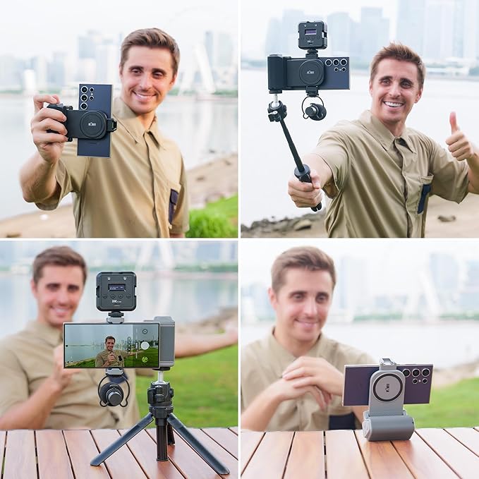 KIWIFOTOS Universal Phone Camera Grip Phone Tripod Mount with Remote Control & Cold Shoe Adapter for iPhone 16 15 Pro Max Samsung S24 S23 S25 Camera Holder Selfie Vlog Video Shooting (Gray)