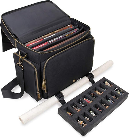 ENHANCE Tabletop DnD Bag - RPG Adventurer's Dungeons and Dragons Accessories Bag with Miniatures Storage, Mat Holder, DnD Dice & Token Pockets, Fits 4-8 Books, DM's Guide, Player's Handbook (Black)