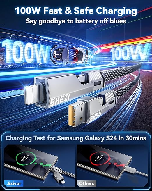 [One is Enough] 4-in-1 Compatible with USB C to Lightning Cable, 100W High-Speed Charging & Fast Data Transfer,CarPlay & Android Auto Support Multi Charger Cord Combo for iPhone/Samsung/iPad,5FT