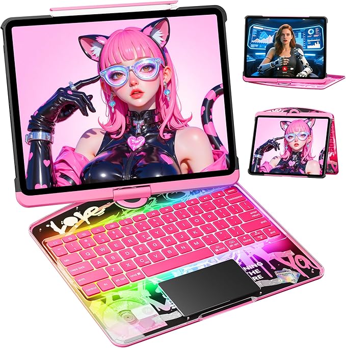 KITONE Transparent Case with Wireless Keyboard only for 2024 iPad Pro 11-in.(M4), 7 Colors Backlight, Trackpad, 360°Rotating Stand for iPad Pro 11(5th Gen), Tech Style