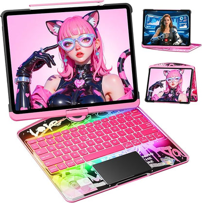 KITONE Transparent Case with Wireless Keyboard for iPad 10.2-in (7th, 8th, and 9th Gen), 7 Colors Backlight, Trackpad, 360°Rotating Stand, Tech Style